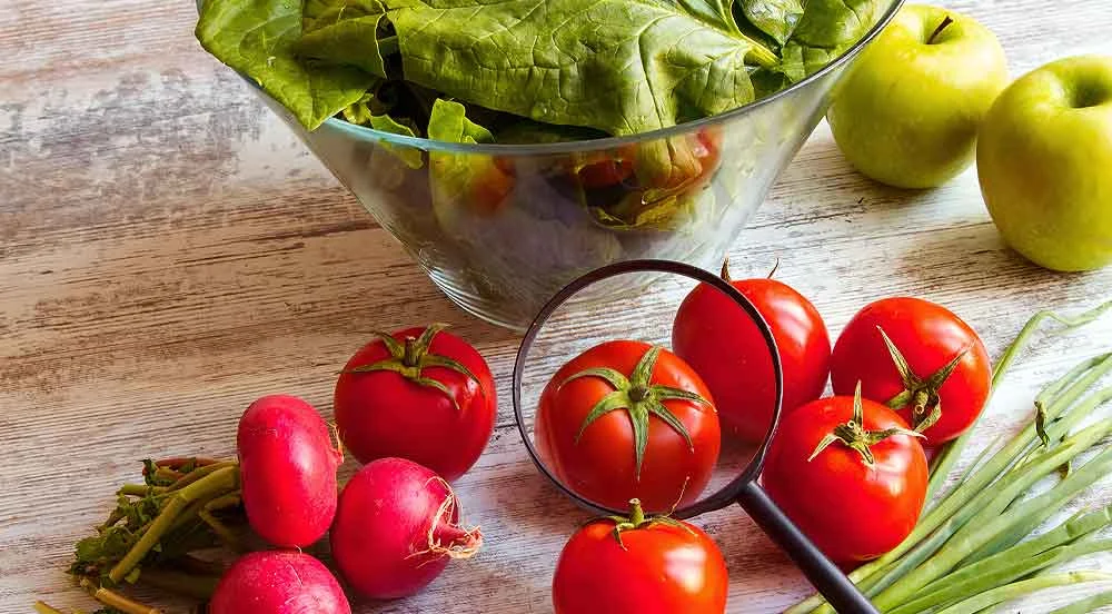 Sem Parar Empresas: mesa com vasilha de vidro, folhas, rabanetes, tomates e maçãs representando a segurança alimentar