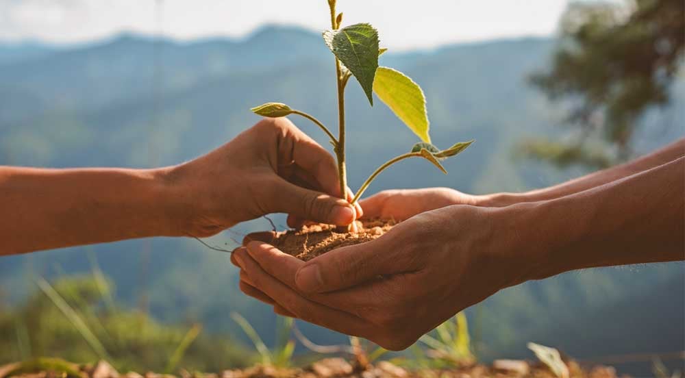 Sem Parar Empresas: duas mãos de pessoas diferentes segurando uma muda de planta, representando o crédito de carbono
