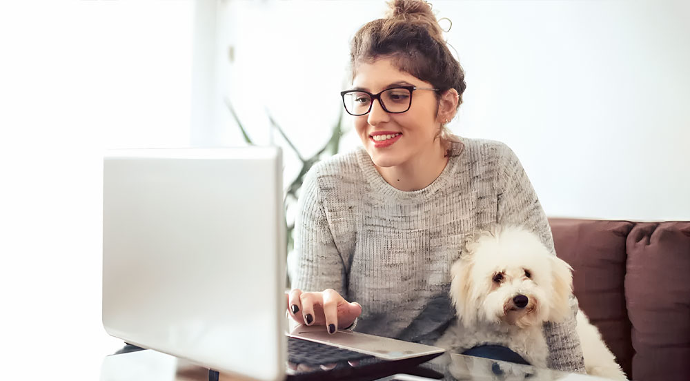 Sem Parar Empresas: mulher em frente ao notebook com cachorro no colo conferindo os benefícios não monetários oferecidos pela empresa
