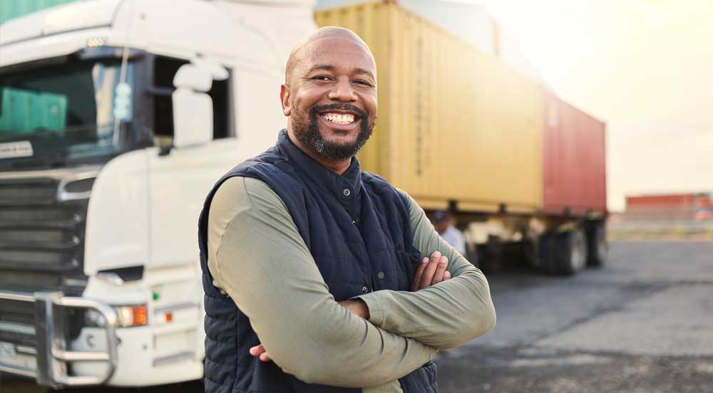 Homem sorrindo em frente a um caminhão que receberá um estudo para calcular frete com a Sem Parar Empresas