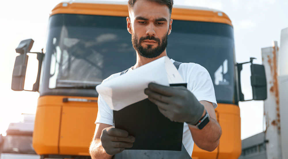 Homem em frente à um caminhão conferindo uma planilha para obter informações na Gestão de Frete Sem Parar Empresas para gestores