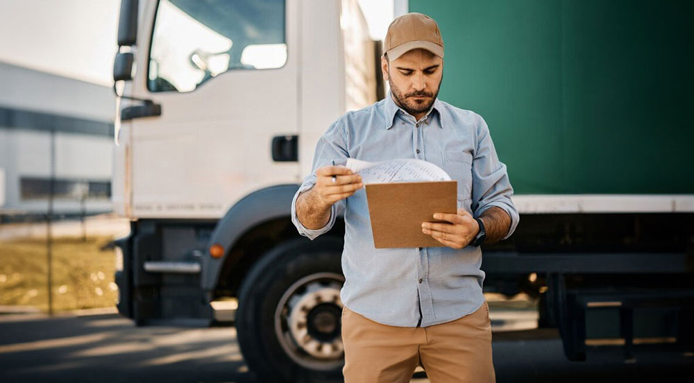 Sem Parar Empresas: homem em frente a um caminhão olhando uma planilha para conferir os direitos do transportador autônomo de cargas (TAC)
