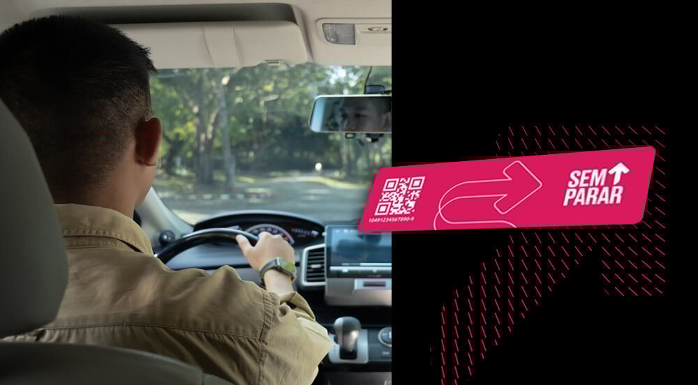 Meia imagem com um motorista e outra metade com a tag Sem Parar Empresas representando a pergunta: “posso usar a tag em outro veículo?”